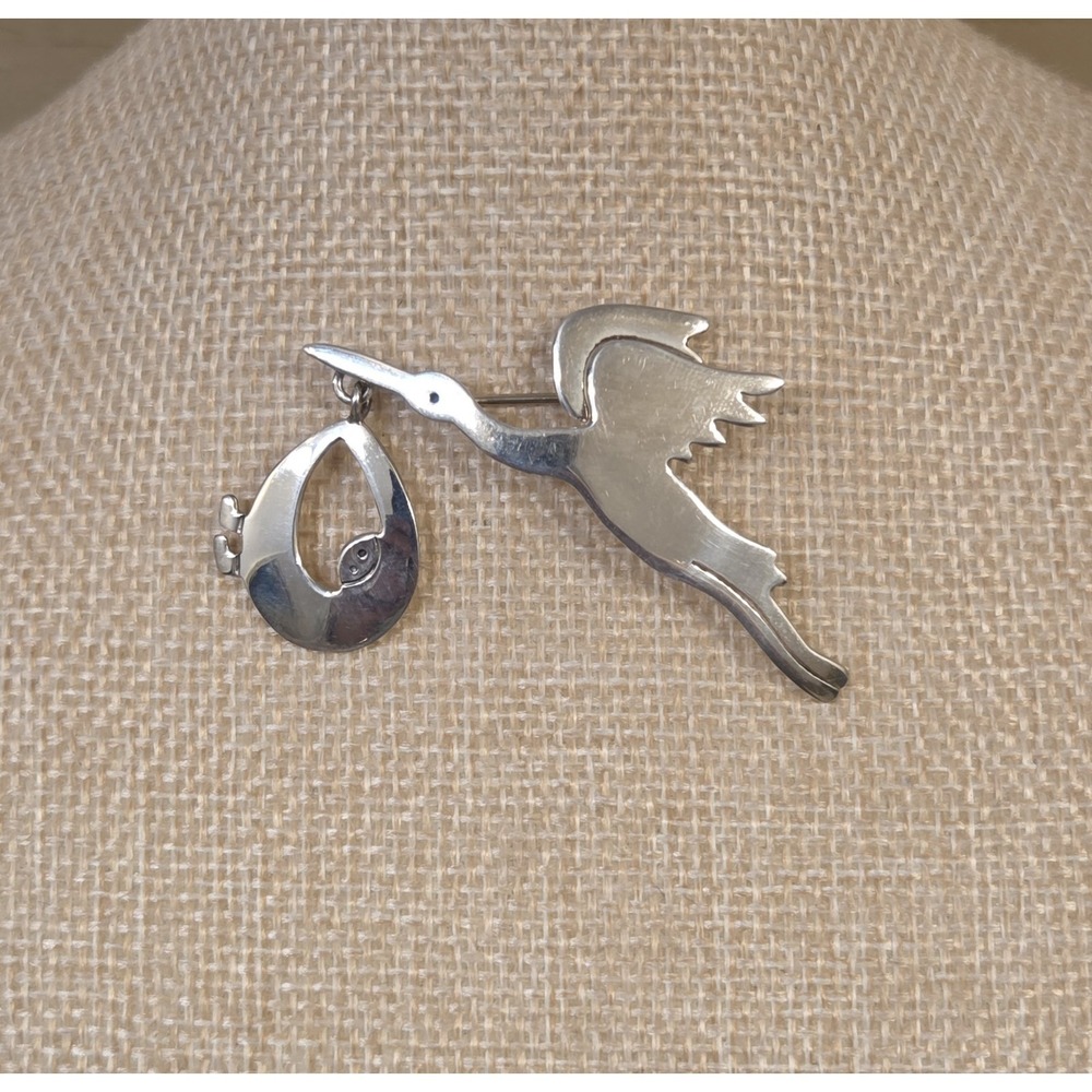 ANNE HARVEY STERLING SILVER STORK WITH BABY‎ BROOCH Mexico 925 Signed